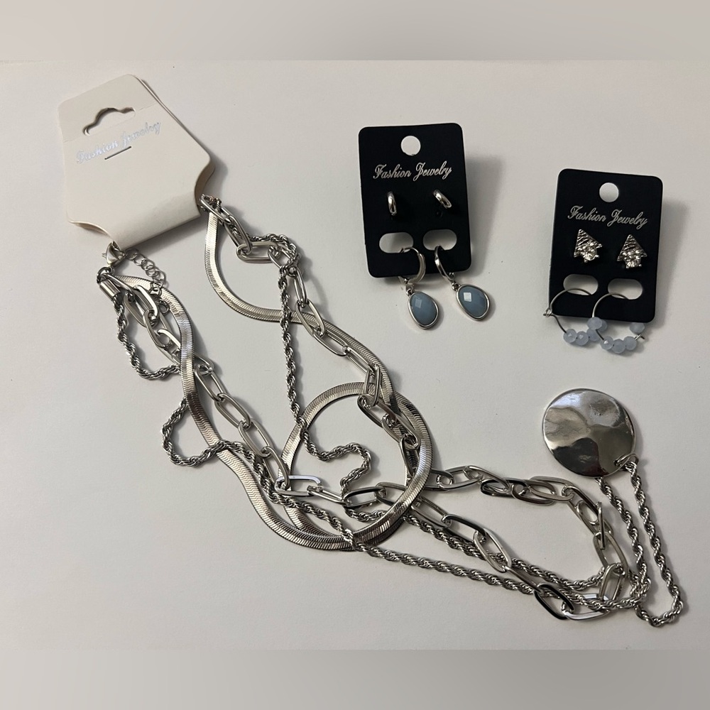 Silver Jewelry Set with Necklace and Earrings
